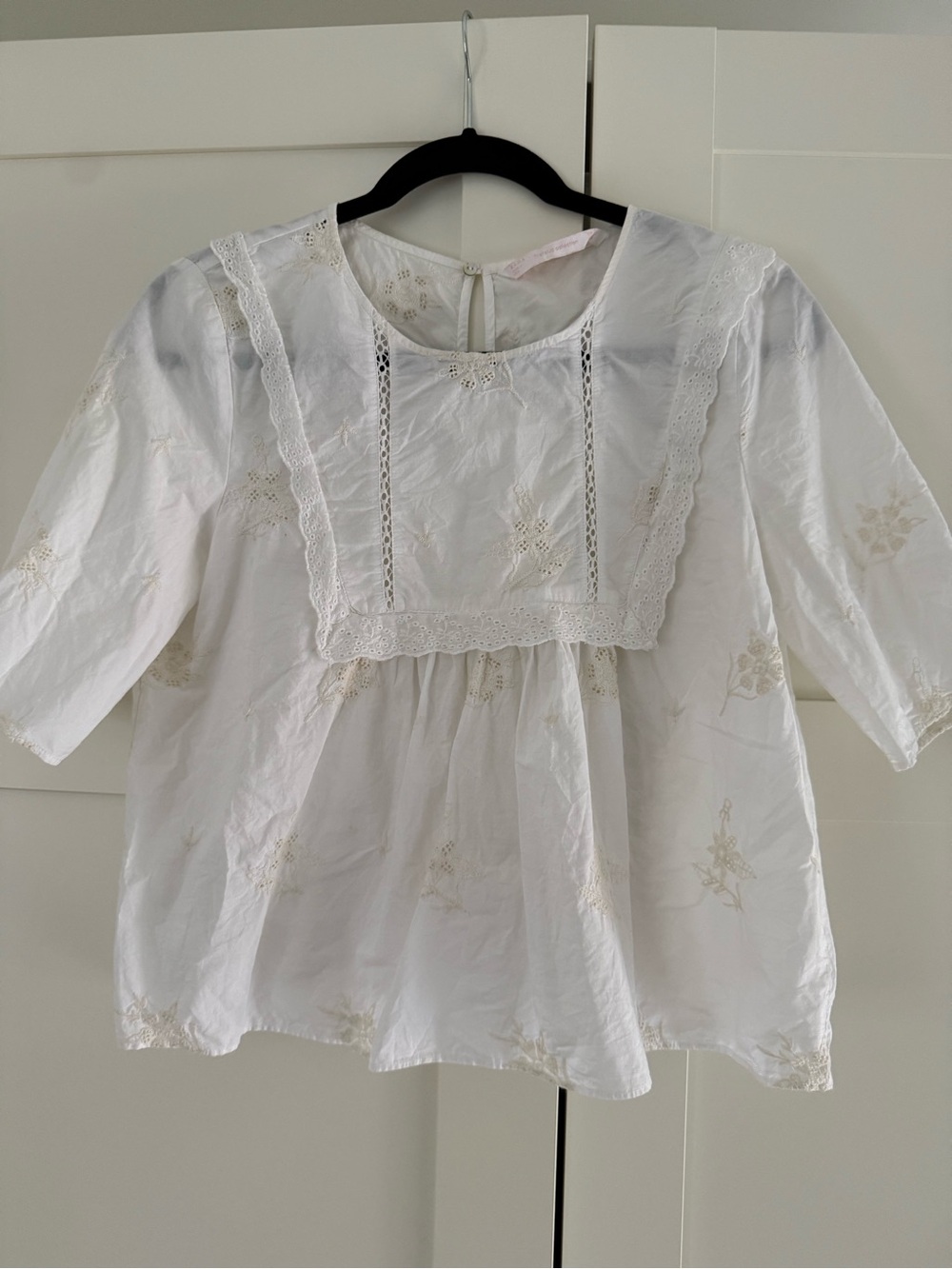 Zara Cream Embroidered Cotton Peasant Top